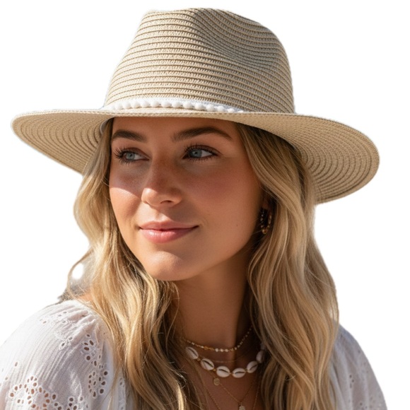 Rachel Zoe NWT UPF Adjustable Pom-Pom Sun Hat tan white neutral resort  NWT main image 4
